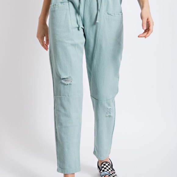 New Easel LA EB50159 Washed Twill Pants Pockets Jogger Sage Distressed Pull On - Picture 2 of 10